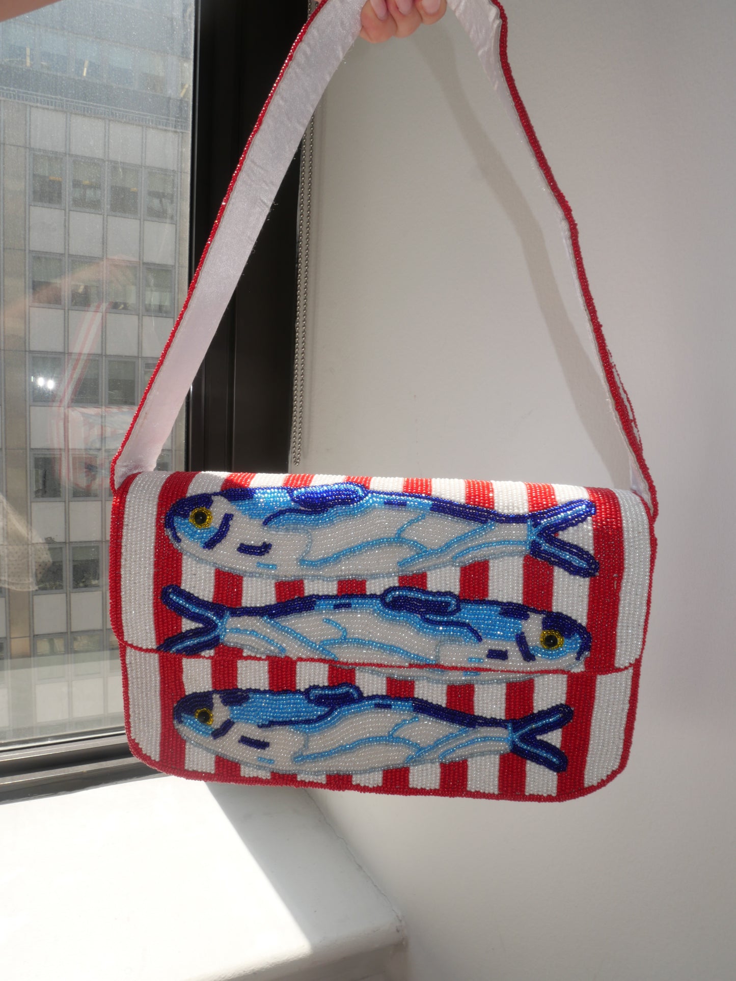 Beaded Red & White Stripe Sardine Shoulder Bag | Beaded Summer Shoulder Purse