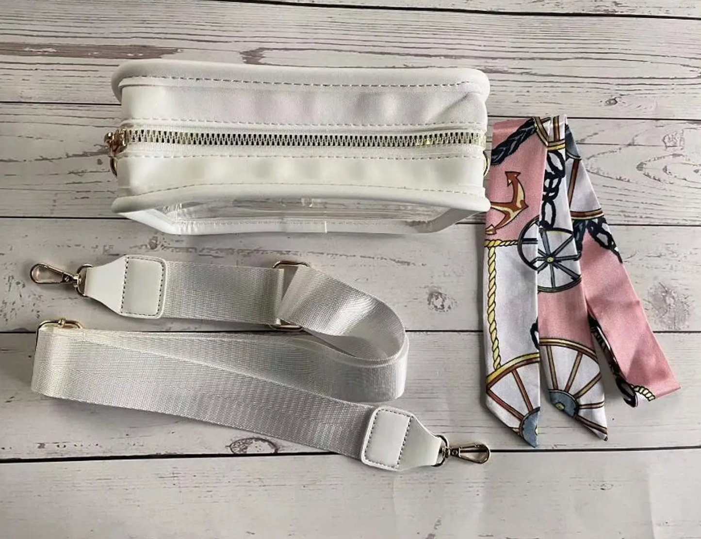 Clear white stadium bag for beaded purse strap on clear stadium bag