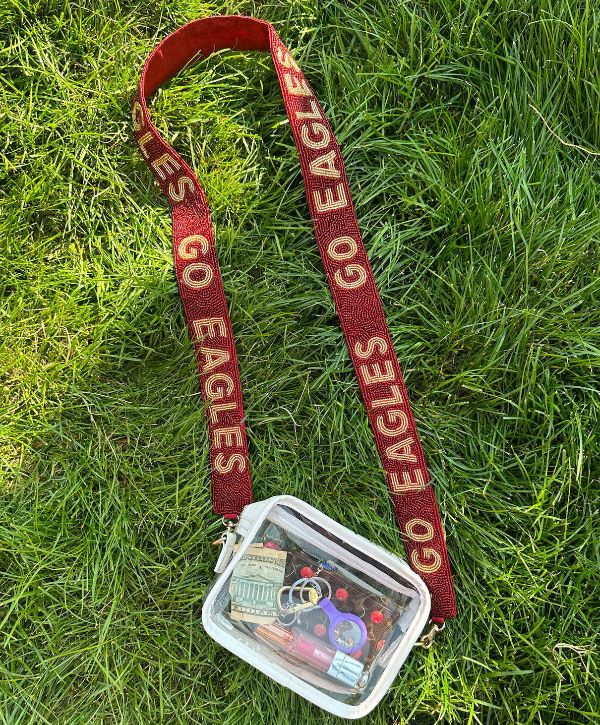 Boston College Go Eagles beaded purse strap on clear stadium bag