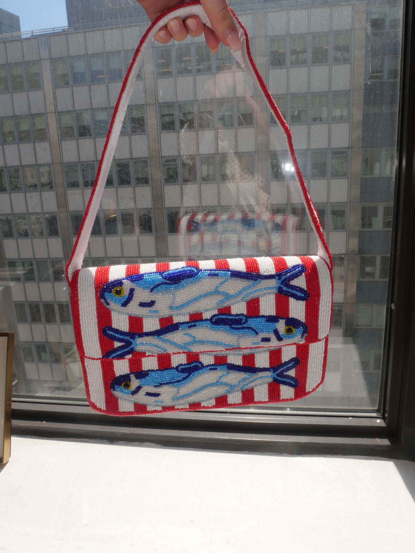 Beaded Red & White Stripe Sardine Shoulder Bag | Beaded Summer Shoulder Purse