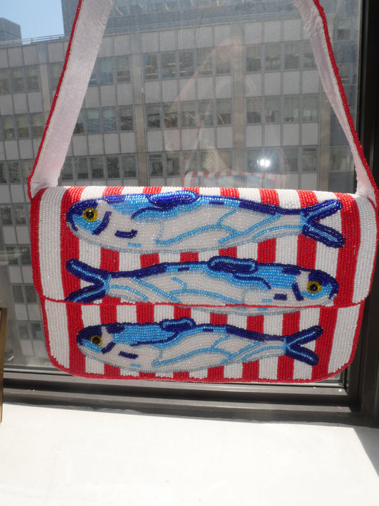 Beaded Red & White Stripe Sardine Shoulder Bag | Beaded Summer Shoulder Purse