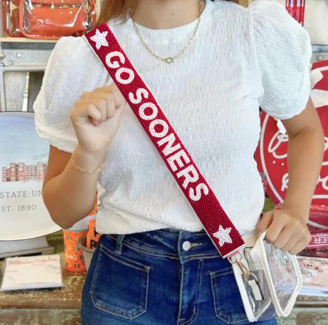 Oklahoma Sooners beaded purse strap on clear stadium bag