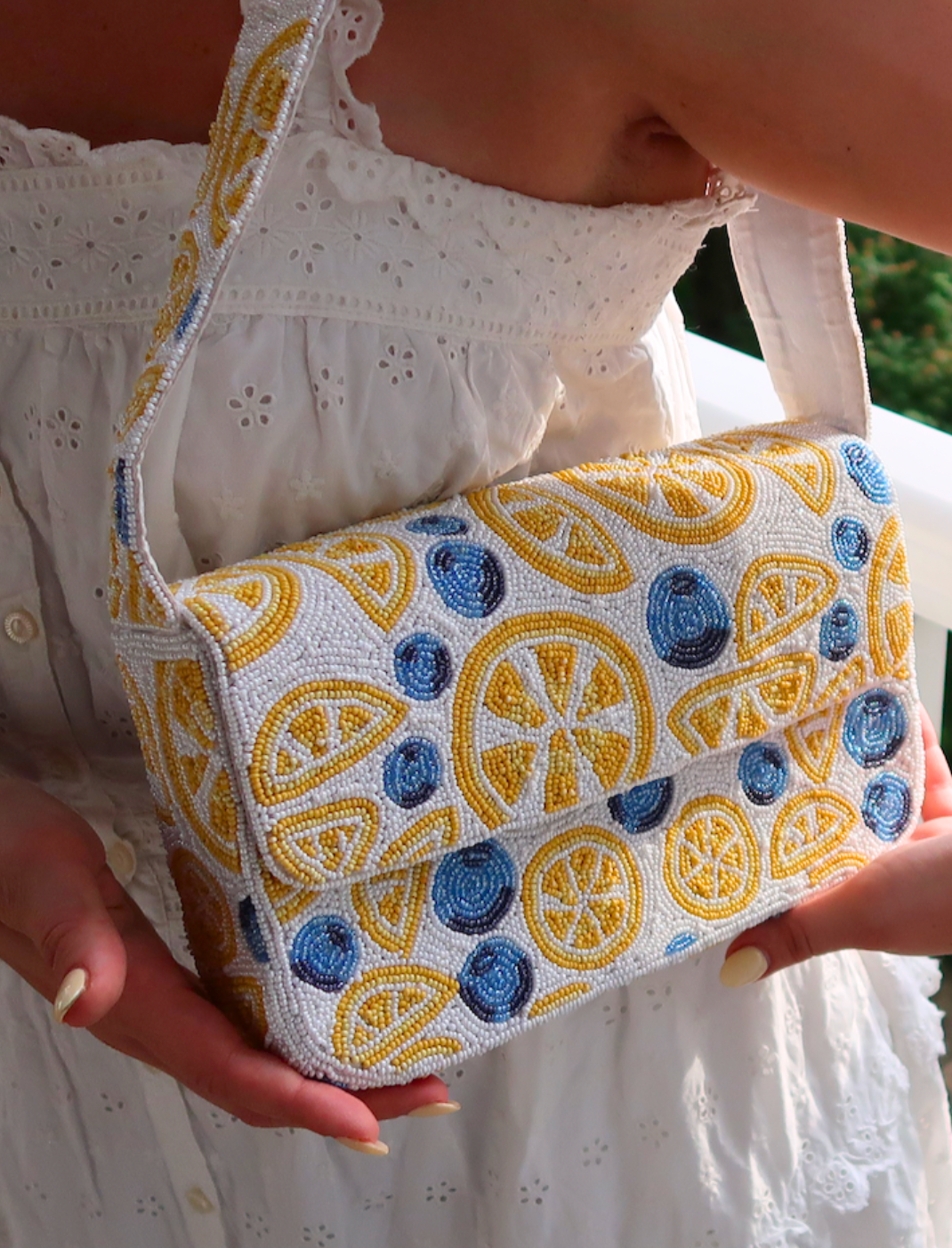 Lemon blueberry beaded shoulder bag summer statement accessory