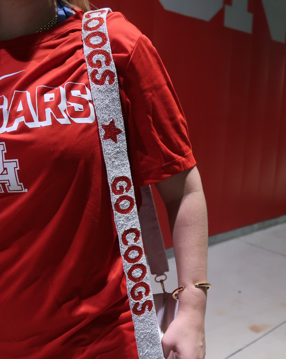 University of Houston white beaded purse strap on clear stadium bag
