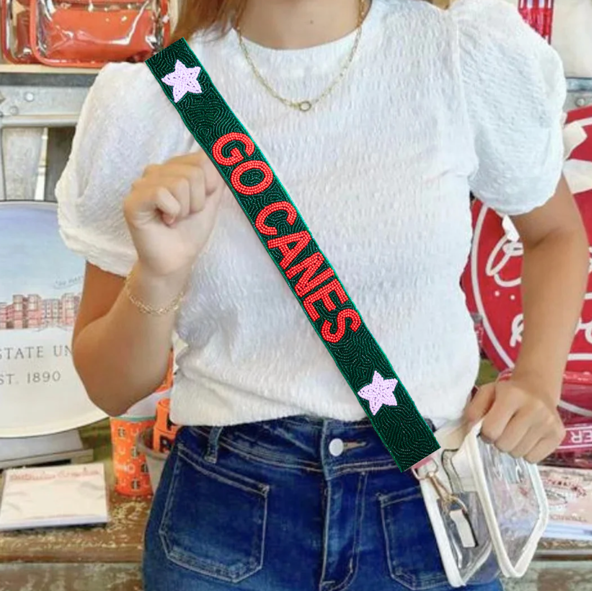 University of Miami beaded purse strap on clear stadium bag