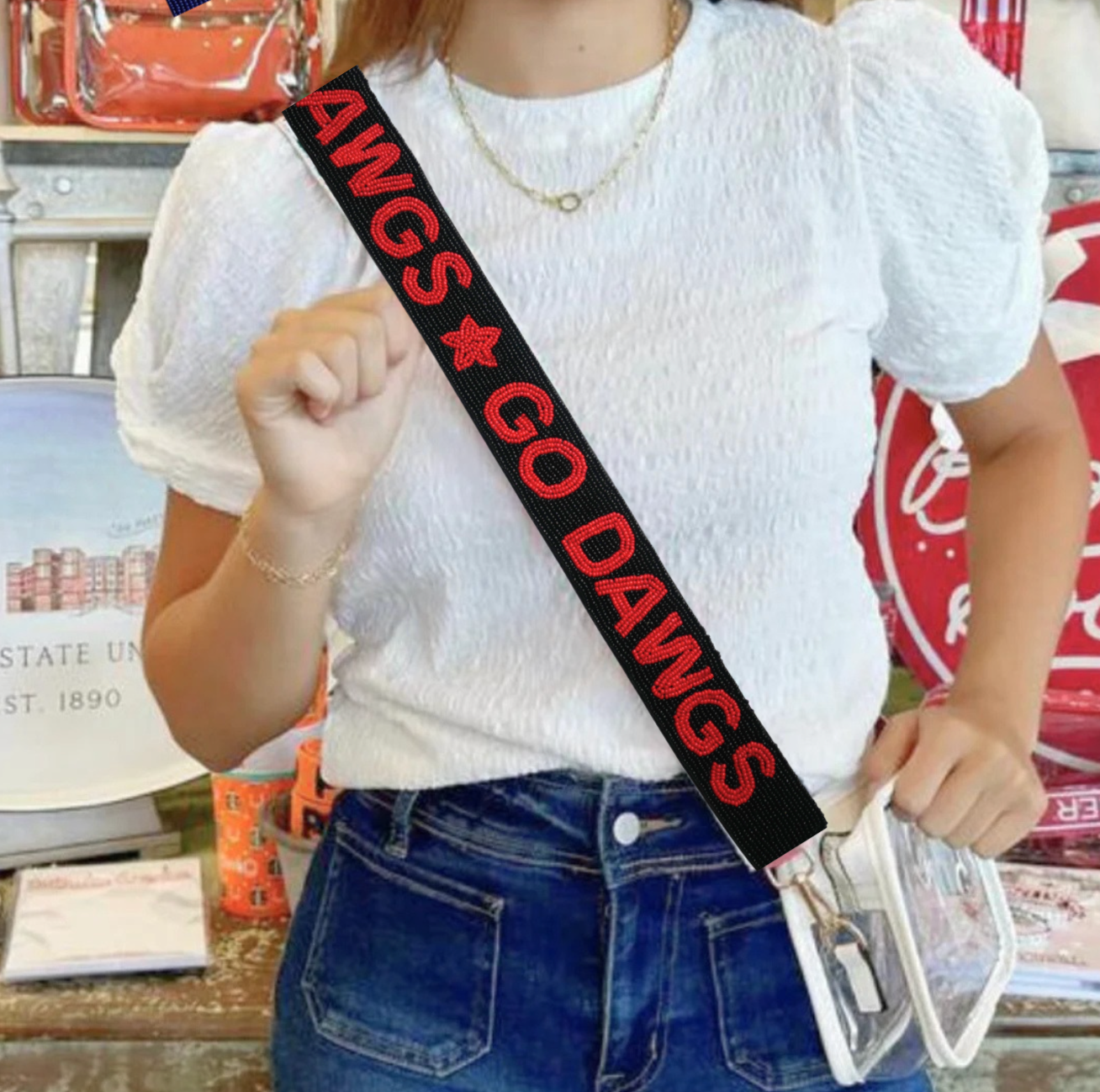 University of Georgia beaded purse strap on clear stadium bag