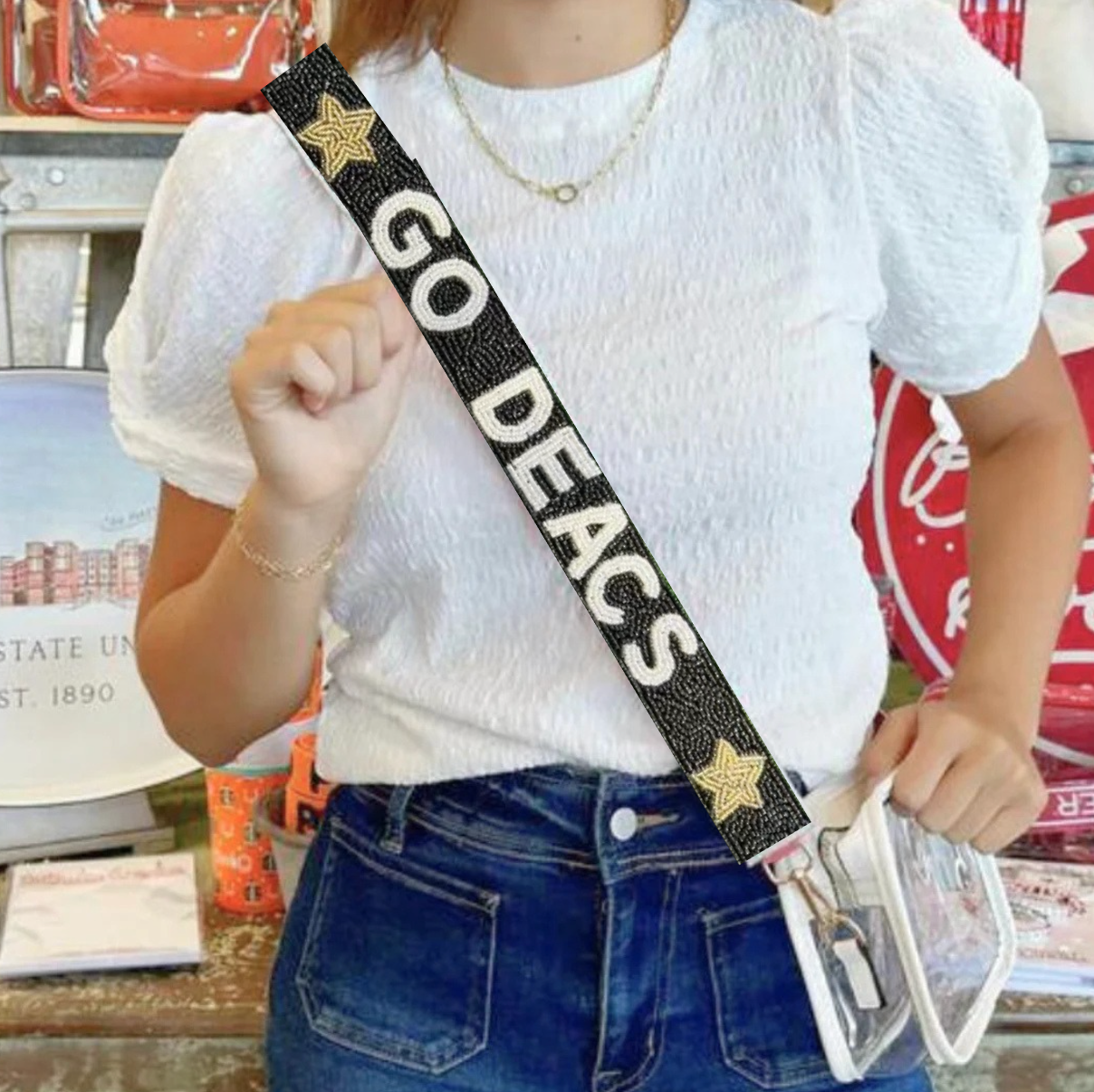 Wake Forest beaded purse strap on clear stadium bag